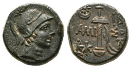 Greek Coins
PONTOS. Amisos. Time of Mithradates VI Eupator (Circa 105-90 or 90-85 BC). Ae.
Obv: Helmeted head of Athena right.
Rev: AMI - ΣOY.
Sword i...