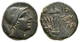 Greek Coins
PONTOS. Amisos. Time of Mithradates VI Eupator (Circa 105-90 or 90-85 BC). Ae.
Obv: Helmeted head of Athena right.
Rev: AMI - ΣOY.
Sword i...
