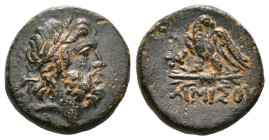 Greek Coins
PONTOS. Amisos. Ae (Circa 100-85 BC).
Obv: Laureate head of Zeus right.
Rev: AMIΣOV.
Eagle, with head right, standing left on thunderbolt;...