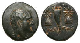 Greek Coins
PAPHLAGONIA. Sinope. Ae. Struck under Mithradates VI (Circa 120-111 or 110-100 BC).
Obv: Draped and winged bust of Perseus right.
Rev: ΣΙΝ...