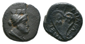Kings of Cappadocia, Ariarathes III (ca. 230-220 BC), Bronze, Tyana; AE Turreted head of city goddess r., Rv. ΒΑΣΙΛΕΩΣ - ΑΡΙΑΡΑΘΟY, ivy leaf; on it, Δ...