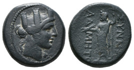 PHRYGIA. Synnada. Ae (Circa 133-1st century BC). Maiandri-, magistrate.
Obv: Turreted and draped bust of Tyche right.
Rev: CYNNAΔE / MAIANΔPI.
Zeus st...