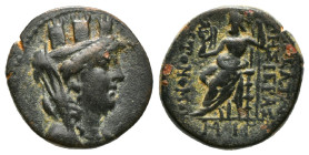 Greek Coins
CILICIA. Mopsos. 164-27 BC. Ae . Obv: Veiled and turreted bust of Tyche right; c/m: tripod within oval incuse. Rev: Zeus seated left, hold...