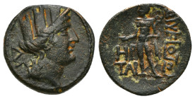 Greek Coins
CILICIA. Korykos. Ae (1st century BC).
Obv: Turreted head of Tyche right; AN to left.
Rev: KΩPVKIΩΤΩΝ / ΔI / NI / AN.
Hermes standing left...