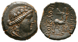 Greek Coins
KINGS OF BITHYNIA. Prusias II Kynegos (182-149 BC). Ae. Nikomedeia.
Obv: Draped bust of Dionysos right, wearing ivy wreath.
Rev: BAΣIΛEΩΣ ...