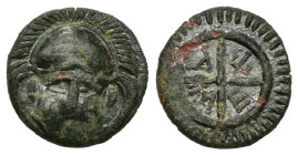 Greek Coins
THRACE. Mesambria. Ae (Circa 175-100 BC).
Obv: Facing helmet.
Rev: M - E - Σ - A.
Four-spoked wheel.
SNG BM Black Sea 275; HGC 3.2, 1577.
...