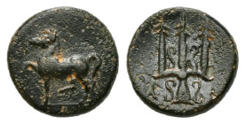 Greek Coins
CARIA. Mylasa. Ae (Circa 210-30 BC).
Obv: Horse prancing left.
Rev: M - Y.
Decorated trident.
SNG Copenhagen 421.
Condition: Good very fin...