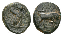 Greek
Caria, Kaunos Circa 350-300 BC. AE 1,66 gr - 13,29 mm
Obv: Sphinx seated right.
Rev: Bull butting right Condition : Fine