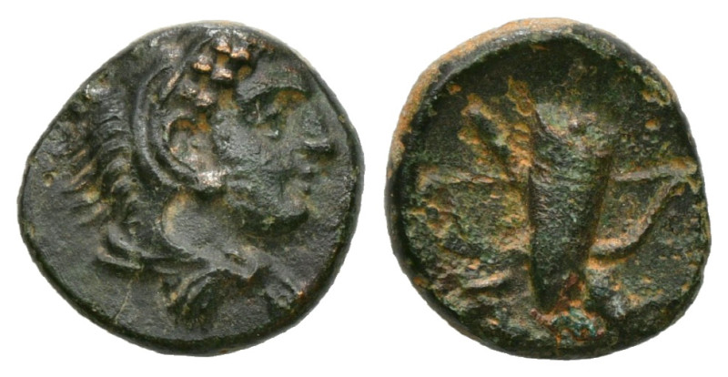 IONIA. Erythrai. Ae (Circa 400-375 BC).
Obv: Head of Herakles right, wearing lio...