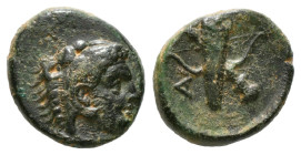 IONIA. Erythrai. Ae (Circa 400-375 BC).
Obv: Head of Herakles right, wearing lion skin.
Rev: Club, bow and quiver crossed in saltire; A to left.
BMC 8...