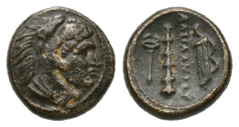 Greek Coins
KINGS OF MACEDON. Alexander III 'the Great' (336-323 BC). Ae. Tarsos.
Obv: Head of Herakles right, wearing lion's skin. Control: Kerykeion...