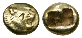 Greek Coins
KINGS OF LYDIA. Time of Alyattes to Kroisos (Circa 620/10-550/39 BC). EL Trite or 1/3 Stater. Sardes.
Obv: Head of roaring lion right, wit...