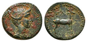 Greek Coins
LYCIA. Lycian League. Ae (Late 30s-27 BC). Di-, magistrate.
Obv: ΔΙ.
Bust of Artemis right, with quiver over shoulder.
Rev: ΛY / K - P.
St...