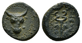 Greek Coins
KINGS OF PAPHLAGONIA. Pylaimenes II. / III. Euergetes (Circa 133-103 BC). Ae.
Obv: Head of bull facing.
Rev: ΒΑΣΙΛΕΩΣ / ΠΥΛΑΙΜΕΝΟΥ ΕΥΕΡΓΕΤ...