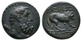 Greek Coins
KINGS OF GALATIA. Amyntas (36-25 BC). Ae.
Obv: Bearded and bare head of Herakles right, with club over shoulder; monogram to left.
Rev: BA...