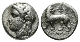 Greek Coins
IONIA. Miletos. Drachm (Circa 353-323 BC). Lykos, magistrate.
Obv: Laureate head of Apollo left.
Rev: ΛΥΚΟΣ.
Lion standing left, head righ...