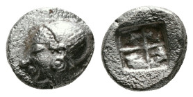 Greek Coins
IONIA. Phokaia. Obol (Circa 521-478 BC).
Obv: Female head left, wearing helmet or close fitting cap.
Rev: Quadripartite incuse square.
Rar...