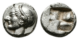 Greek Coins
IONIA. Phokaia. Obol (Circa 521-478 BC).
Obv: Female head left, wearing helmet or close fitting cap.
Rev: Quadripartite incuse square.
Rar...