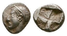 Greek Coins
IONIA. Phokaia. Obol (Circa 521-478 BC).
Obv: Female head left, wearing helmet or close fitting cap.
Rev: Quadripartite incuse square.
Rar...