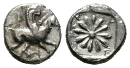 Greek Coins
IONIA. Erythrai. Trihemiobol (Circa 480-450 BC).
Obv: Pegasos flying right; pilos to upper left.
Rev: E - P - Y - Θ.
Rosette of twelve pet...