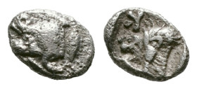 Greek Coins
MYSIA. Kyzikos. Tetartemorion (Circa 450-400 BC).
Obv: Forepart of boar left; tunny to right.
Rev: Head of roaring lion left; star to uppe...