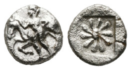 Greek Coins
IONIA. Erythrai. Obol (Circa 480-450 BC).
Obv: Nude male leading horse left, holding rein.
Rev: Rosette of twelve petals within incuse squ...