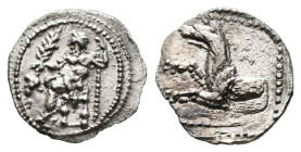 Greek Coins
LYCAONIA. Laranda. Obol (Circa 324/3 BC).
Obv: Baal seated left on throne, holding grain ear, grape bunch and sceptre.
Rev: Forepart of wo...