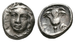 Greek Coins
CARIA. Rhodes. Hemidrachm (Circa 340-316 BC).
Obv: Head of Helios facing slightly left.
Rev: P - O.
Rose with bud to right. Control: Grape...