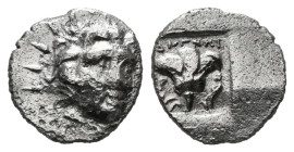 Greek Coins
CARIA. Rhodes. Hemidrachm (Circa 170-150 BC). Dionysios, magistrate.
Obv: Radiate head of Helios facing slightly right.
Rev: ΔIONYΣIOΣ / P...