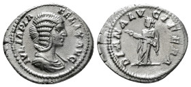 JULIA DOMNA (Augusta, 193-211). Denarius. Rome.
Obv: IVLIA PIA FELIX AVG.
Draped bust right.
Rev: DIANA LVCIFERA.
Diana standing facing, head left, ho...