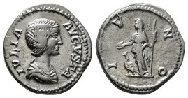 JULIA DOMNA (193-211). Denarius. Laodicea..
Obv: IVLIA AVGVSTA.
Draped bust right..
Rev: IVNO REGINA.
Juno standing left, holding patera and scepter, ...