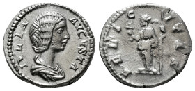 JULIA DOMNA (Augusta, 193-211). Denarius. Laodicea.
Obv: IVLIA AVGVSTA.
Draped bust right.
Rev:Vesta standing left withsceptre.
RIC 648.
Condition: Go...