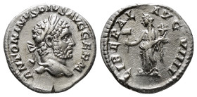 Roman Imperial Coins
CARACALLA (197-217). Denarius. Rome.
Obv: ANTONINVS PIVS AVG GERM.
Laureate head right.
Rev: LIBERAL AVG VIIII.
Liberalitas stand...