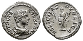 GETA (209-211). Denarius. Rome.
Obv: P SEPT GETA CAES PONT.
Bare-headed, draped and cuirassed bust right.
Rev: FELICITAS PVBLICA.
Felicitas standing r...