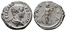Roman Imperial Coins
GETA (Caesar, 198-209). Denarius. Rome.
Obv: GETA CAES PONT COS.
Bare-headed and draped bust right.
Rev: MINERVA.
Minerva standin...