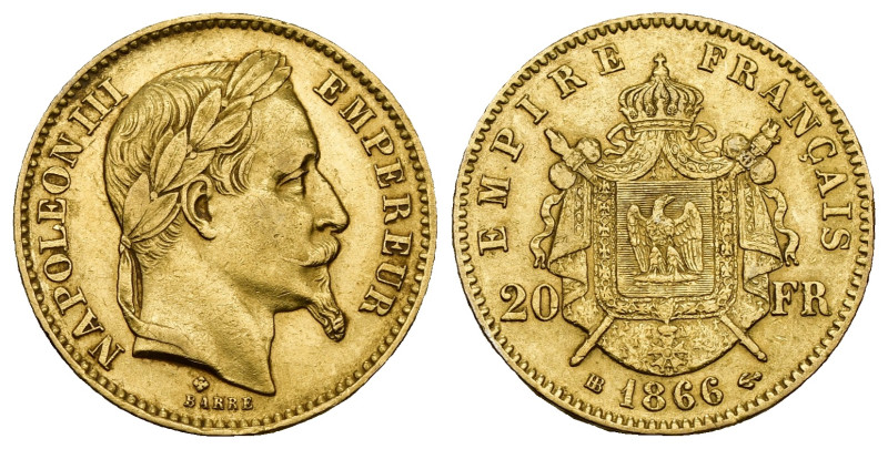 World Gold Coins
France. 20 Francs, 1866-A. 6,49 gr - 21,15 mm Fr-584; KM-801.1...