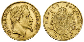 World Gold Coins
France. 20 Francs, 1866-A. 6,49 gr - 21,15 mm Fr-584; KM-801.1. Napoleon III. Laureate head right. Reverse; Crowned arms.
Magnifice...
