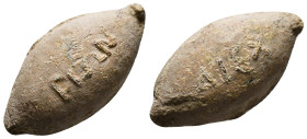 Antiquities
Roman PB Sling Bullet. Late 1st century AD. 29,53 gr - 32,00 mm
Obv. : PIΩN
Rev. : ALEX