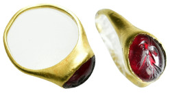 Ancient gold ring. With red gem stone.
Athena standing, facing right, shield in hand.
1,92 gr - 20,88 mm