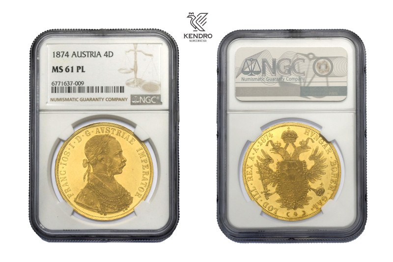 Francis Joseph I. 4 Ducats 1874. Vienna. Rare!
Mint lustre in the fields. NGC M...