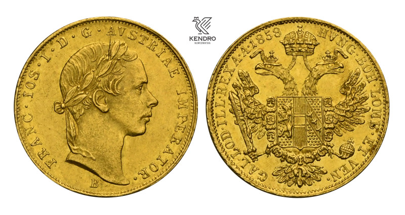 Francis Joseph I. Ducat 1858. Kremnitz. Rare!
Small edge nicks.

František Jo...
