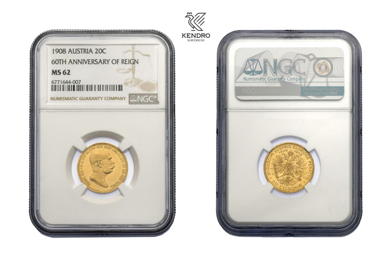 Francis Joseph I. 20 Corona 1908. 60th anniversary of reign. Vienna. 
NGC MS 62...