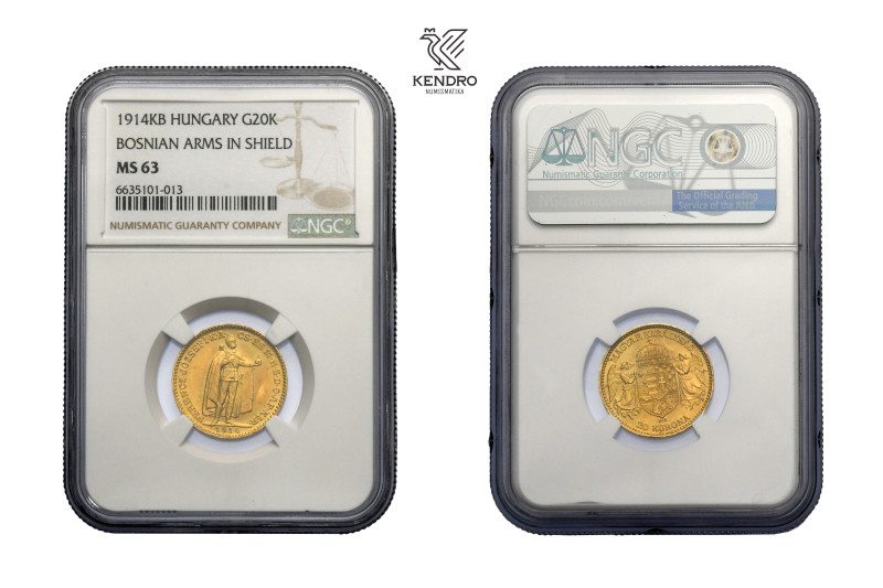 Francis Joseph I. 20 Corona 1914. Bosnia Coat of arms. Kremnitz.
NGC MS 63.

...