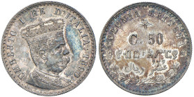 Eritrea Umberto I (1890-1896) 50 Centesimi 1890 - Nomisma 1044 AG R In slab NGC n° 6638769-016.
MS 63