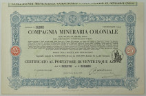 Eritrea Titolo al portatore da 25 azioni - Compagnia Minera Coloniale Certificato. Asmara-Torino, Ottobre 1918. Titolo completo di tutte le cedole
SP...