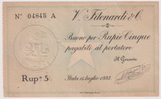SOMALIA Compagnia Italiana per il Benadir - Buono per 5 Rupie Filonardi 15/07/1983 04845 A Piccolo strappetto bordo superiore. Gig. FIL 1 RRRR 
BB/SP...