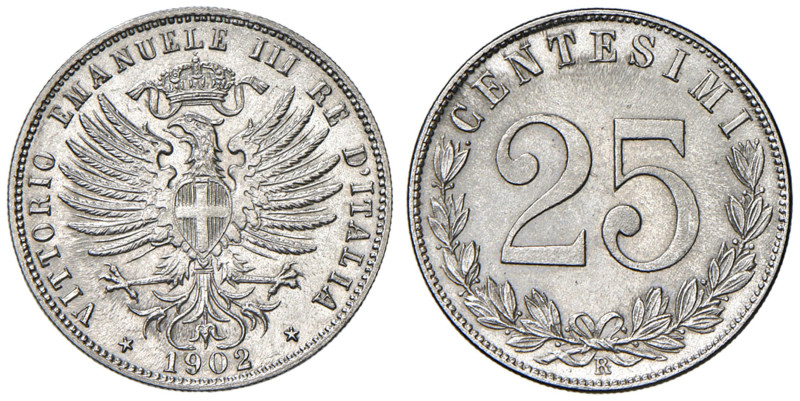 Vittorio Emanuele III (1900-1943) 25 Centesimi 1902 - Nomisma 1266 NI R 
qFDC