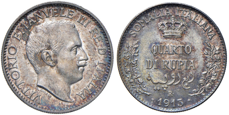 Vittorio Emanuele III Somalia (1909-1925) 1/4 di Rupia 1913 - Nomisma 1428 AG RR...