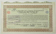 Somalia, Mogadiscio Titolo al portatore per 10 azioni - Saline ed Industrie della Somalia Settentrionale “MIGIURTINIA” del Aprile 1930.
SPL/SUP