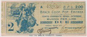 Eritrea - Banca Cooperativa Popolare Eritrea (Asmara) - Buono per Lire Due, 1917 A 43936. Questo esemplare è il medesimo Illustrato in Gavello Cartamo...